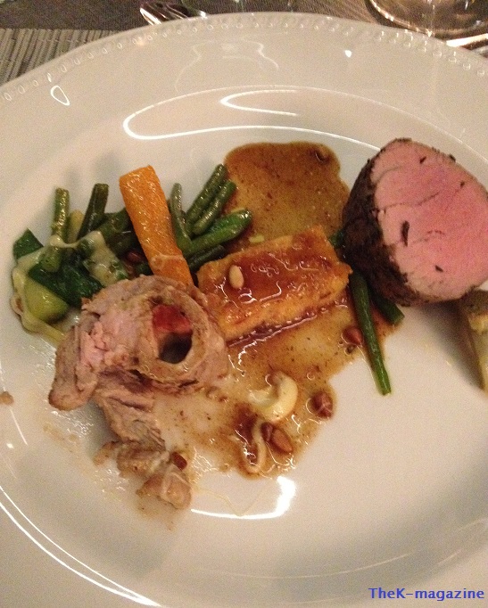 Duo of veal Engadine style: Roulade μαριναρισμένο με φρέσκα αρωματικά και φιλέτο ποσέ με gnocchi, σάλτσα φασκόμηλο και φρέσκα λαχανικά